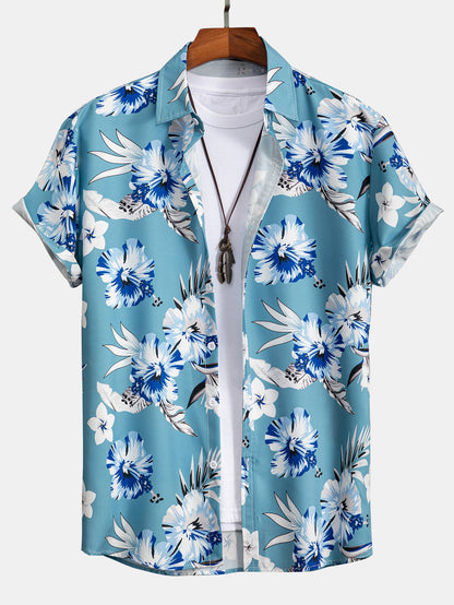 Tropical Floral Button-Up Shirt with Matching Swim Shorts
