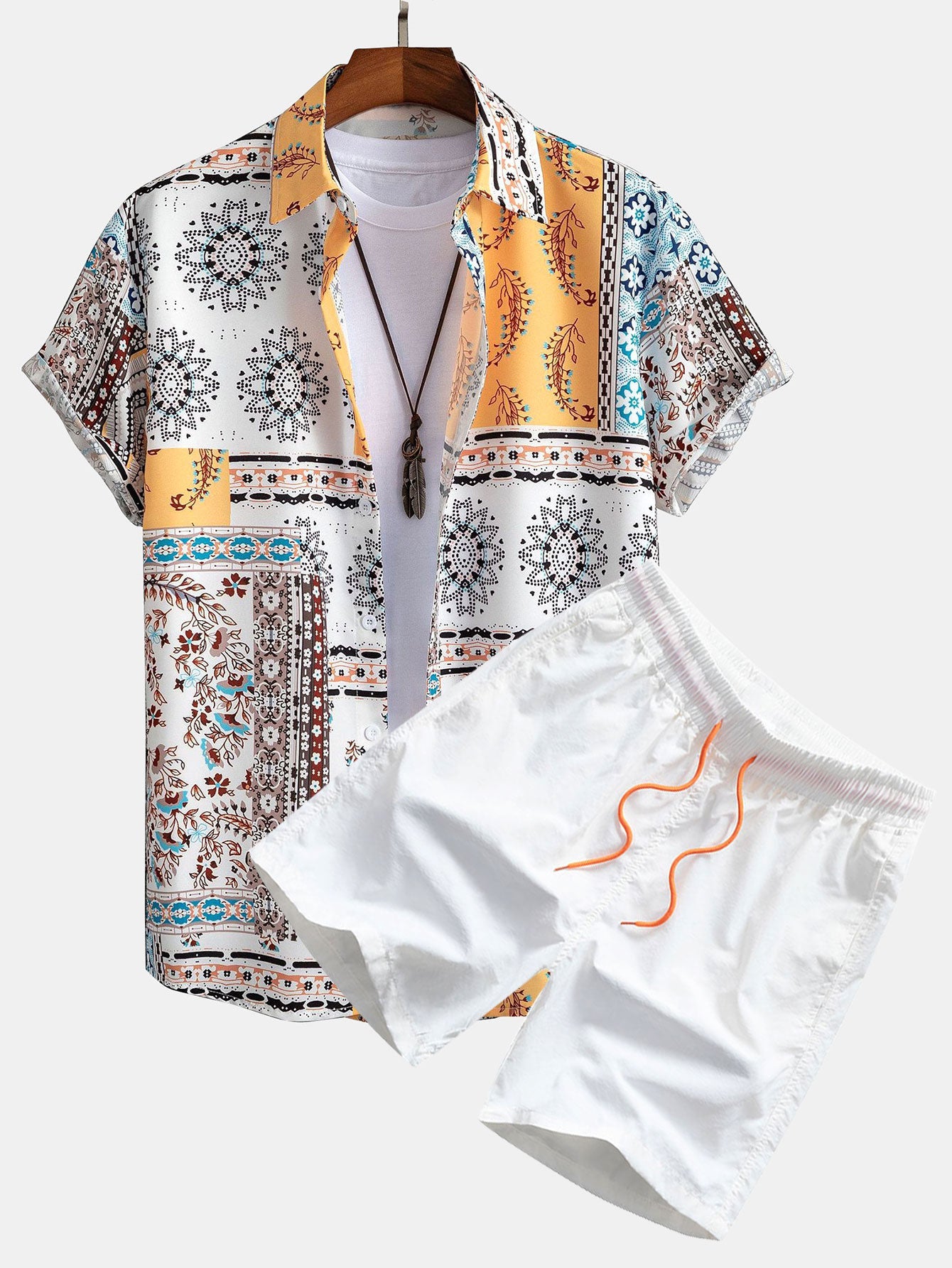 Scarf Print Button-Up Shirt with Matching Swim Shorts