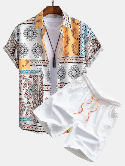 Scarf-Patterned Button-Up Shirt with Matching Swim Shorts