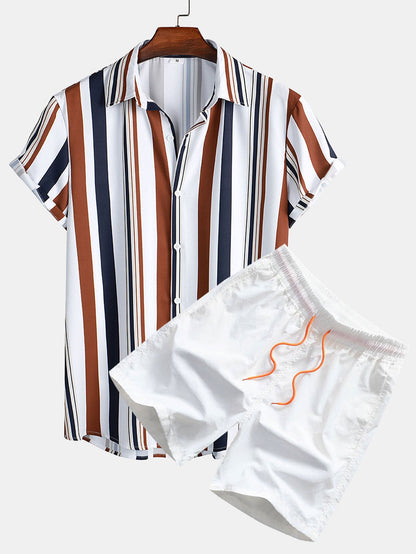 Striped Print Shirt and Swim Shorts Set