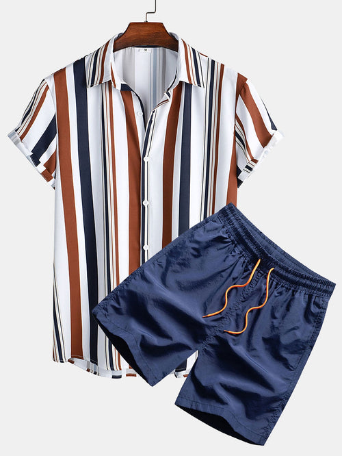 Striped Print Shirt and Swim Shorts Set