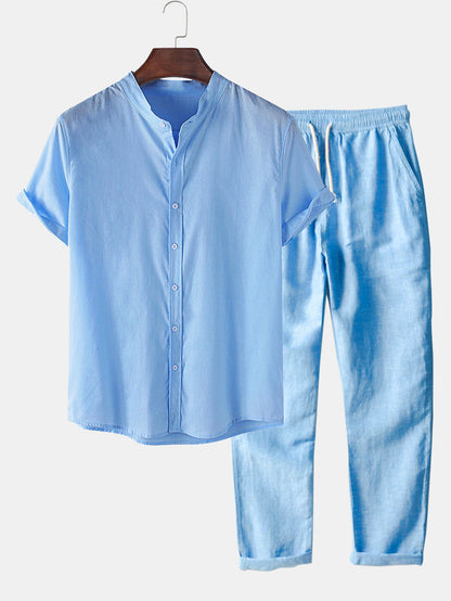 Linen-Style Short Sleeve Basic Shirts & Straight Leg Linen Trousers