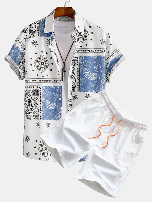 Paisley Print Button-Up Shirt with Swim Shorts - Unique Pattern Design