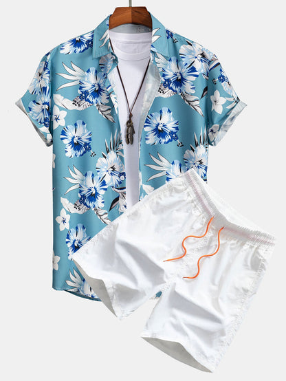 Tropical Floral Button-Up Shirt with Matching Swim Shorts