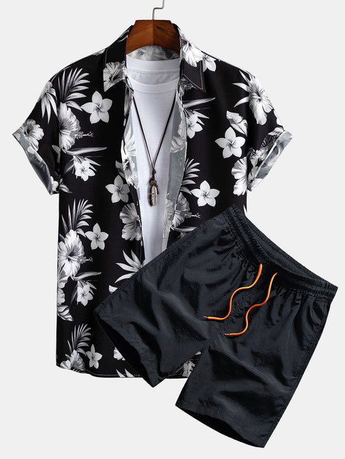 Tropical Floral Button-Up Shirt with Matching Swim Shorts