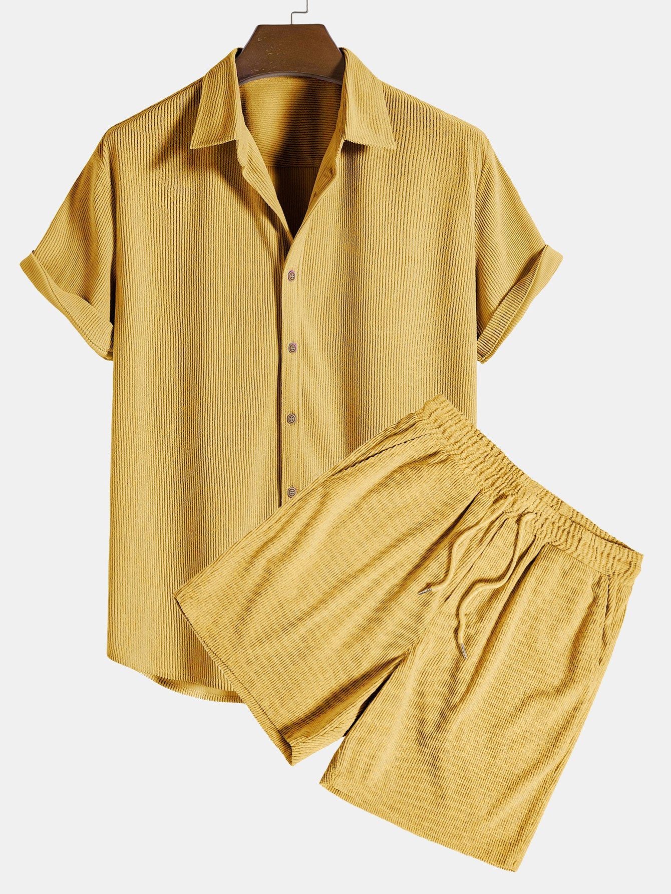 Short-Sleeve Corduroy Button-Up Shirt with Matching Shorts