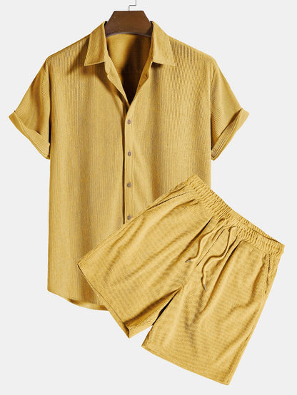 Short-Sleeve Corduroy Button-Up Shirt with Matching Shorts