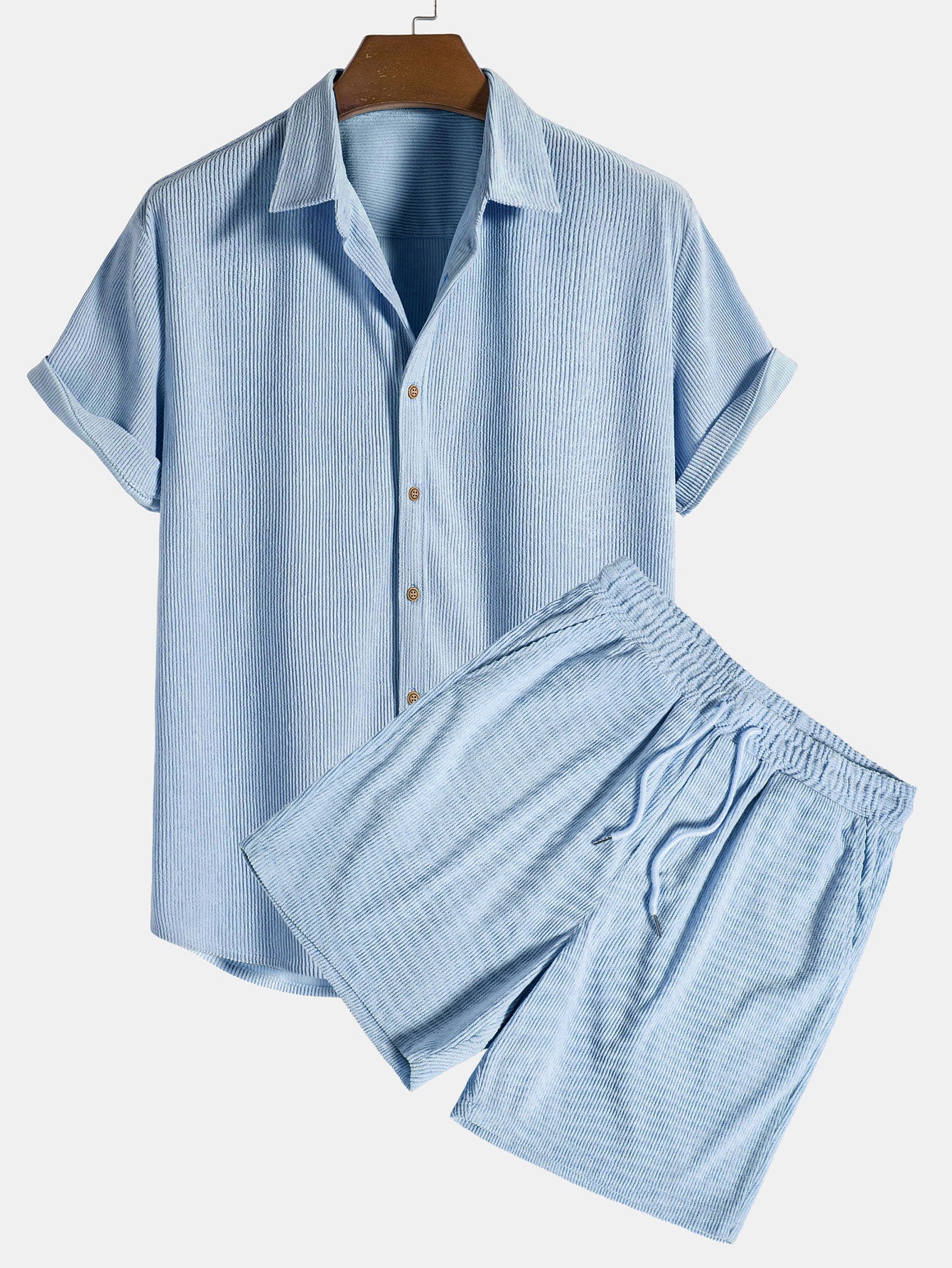 Short-Sleeve Corduroy Button-Up Shirt with Matching Shorts