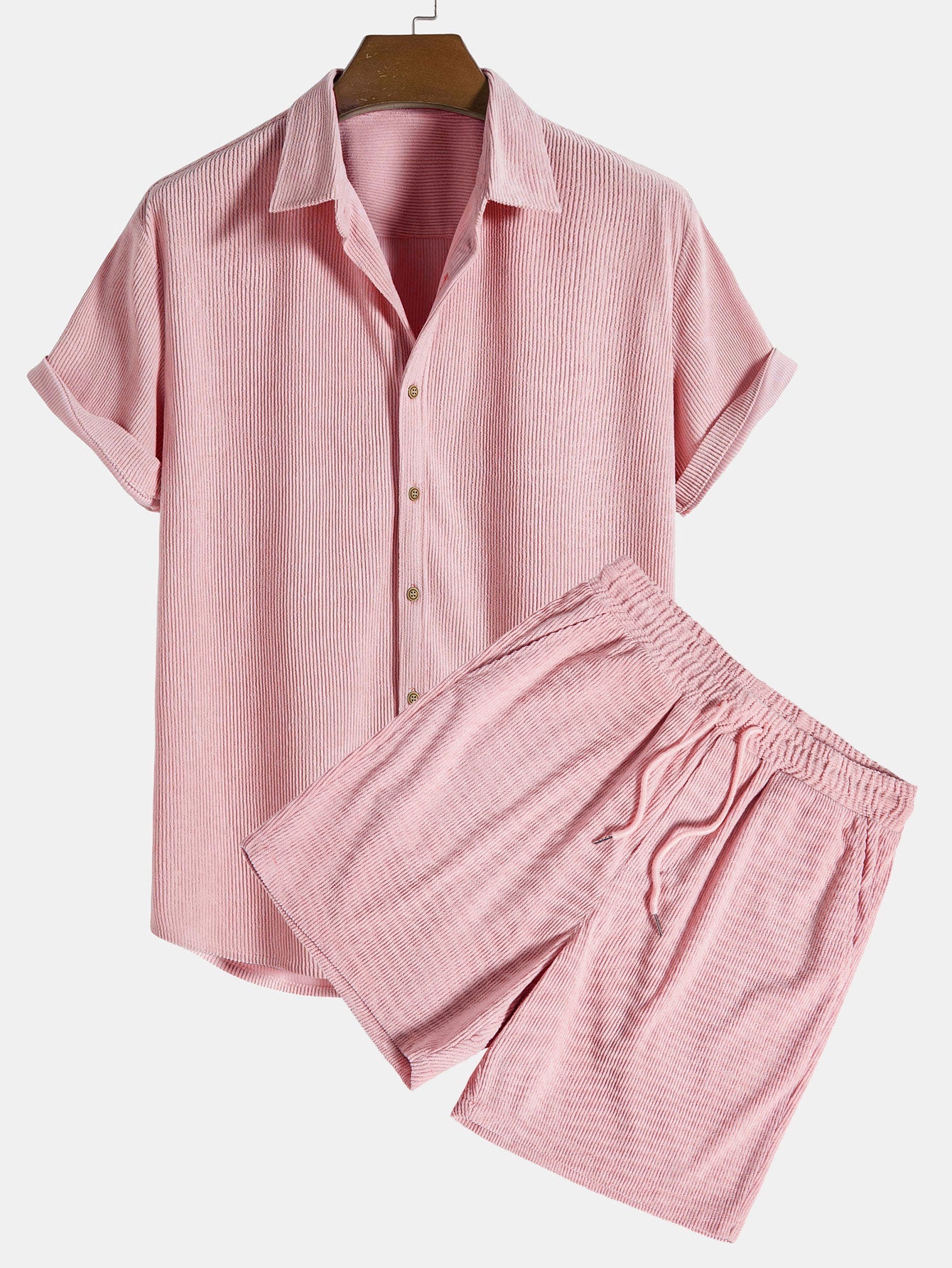 Short-Sleeve Corduroy Button-Up Shirt with Matching Shorts