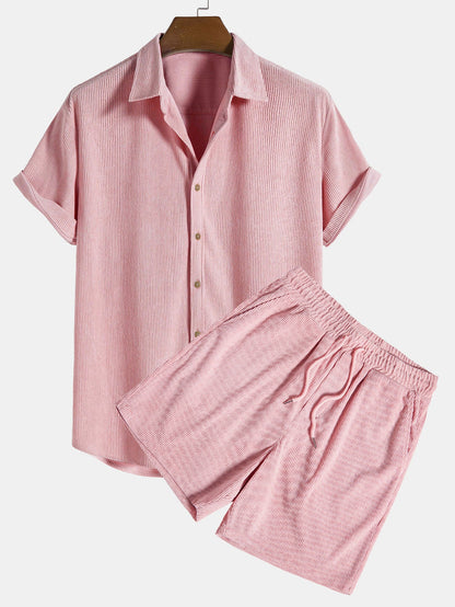 Short-Sleeve Corduroy Button-Up Shirt with Matching Shorts
