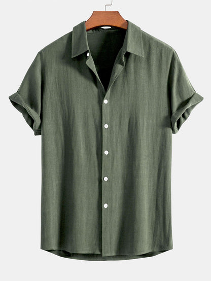 Linen-Rayon Blend Button-Up Shirt with Wrinkle-Textured Straight-Leg Pants