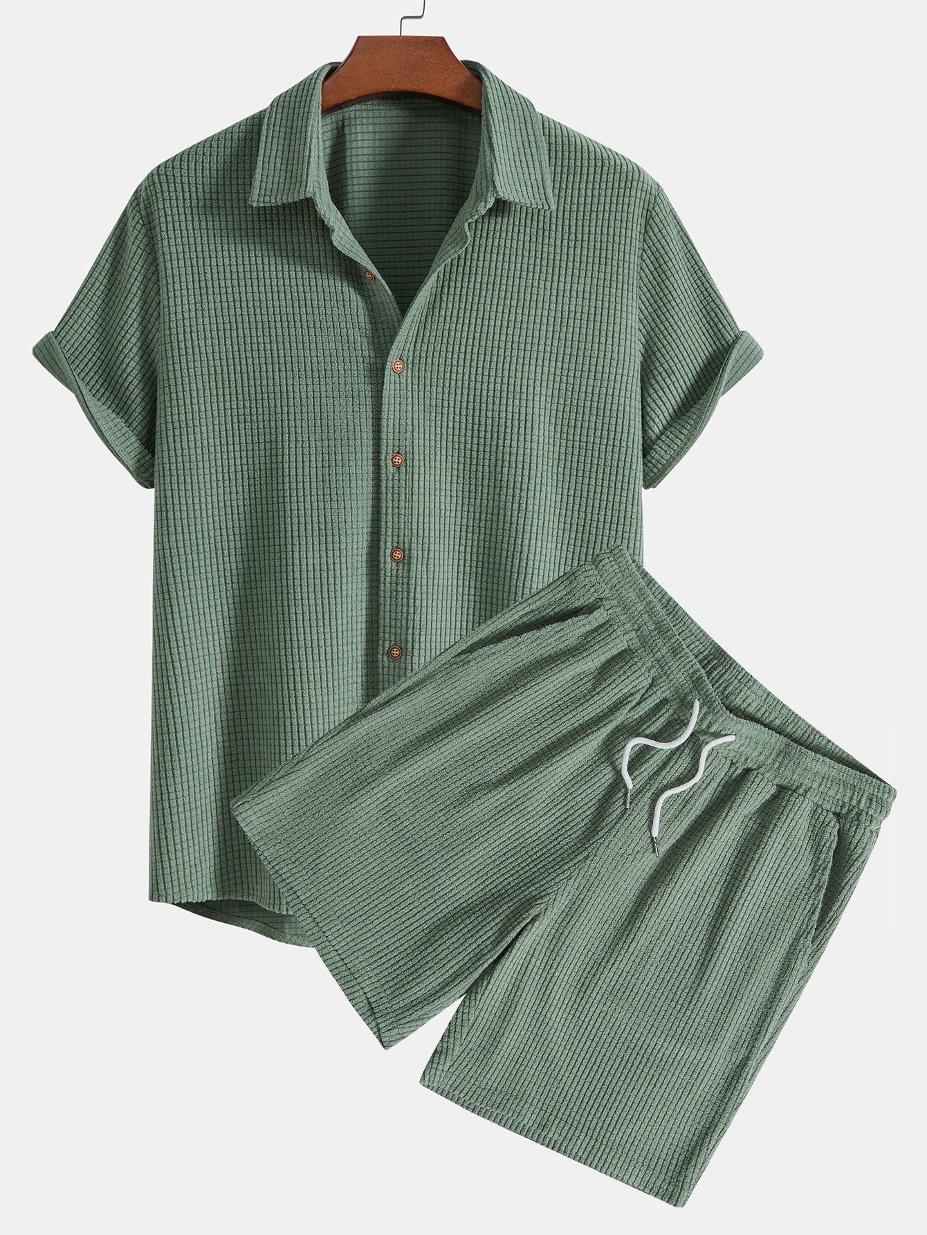 Waffle Knit Button-Up Shirt and Shorts Set