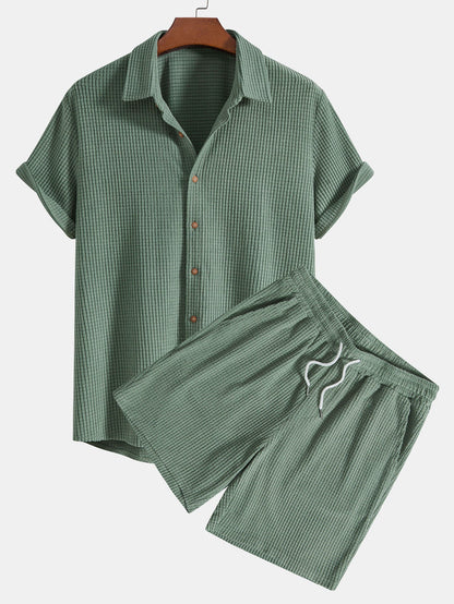 Waffle Knit Button-Up Shirt and Shorts Set