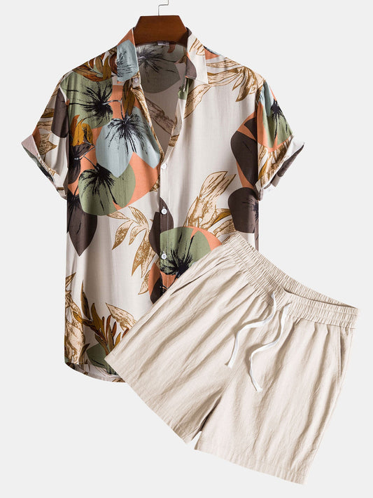 Tropical Print Shirt with Textured Cotton 5-Inch Shorts