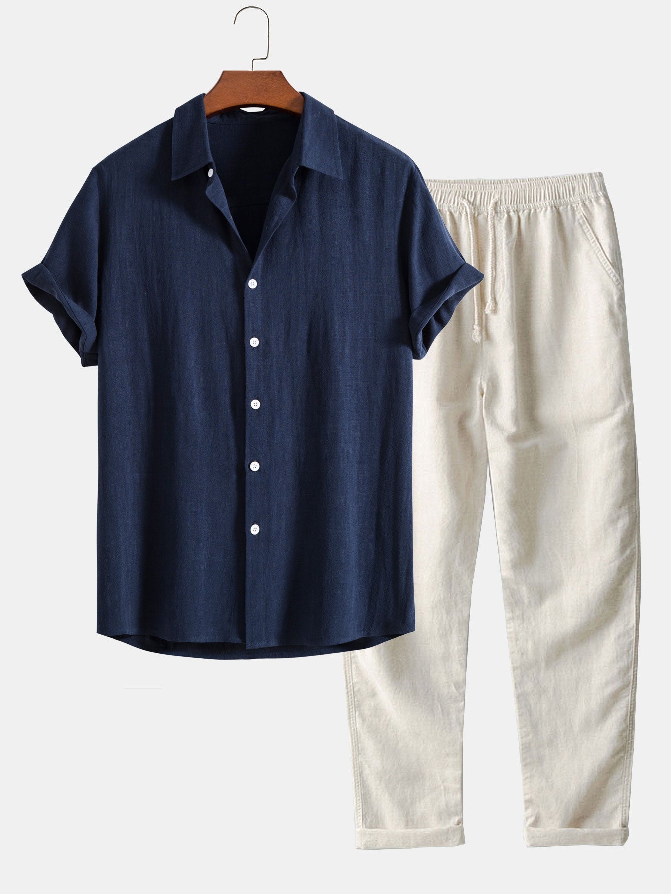Linen-Rayon Blend Button-Up Shirt with Straight-Leg Linen Trousers