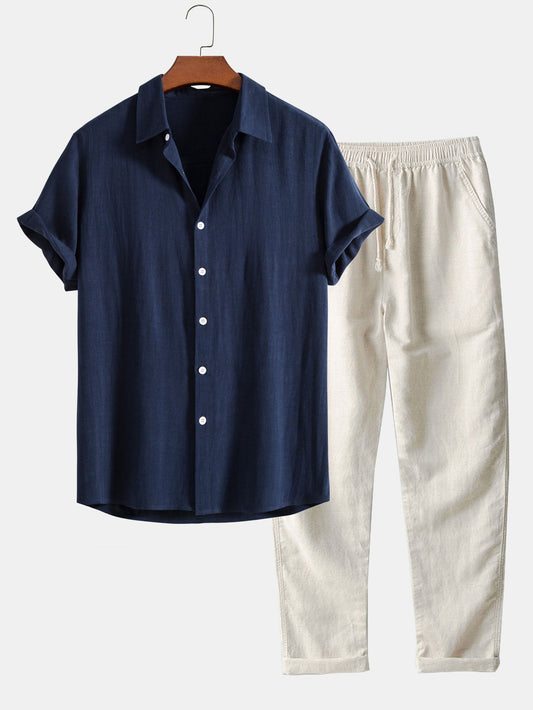 Linen-Rayon Blend Button-Up Shirt with Straight-Leg Linen Trousers