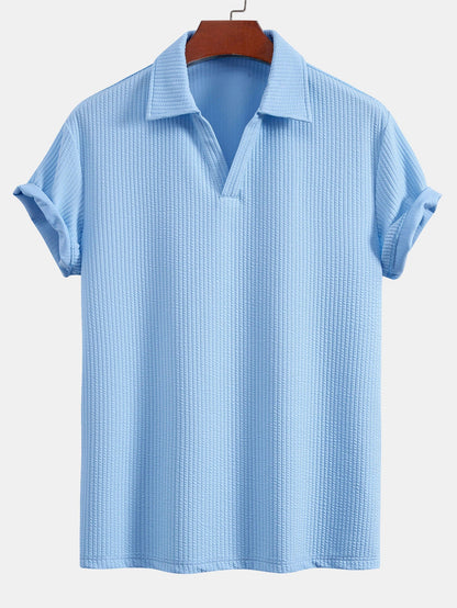 V-Neck Ribbed Polo with Short Sleeves & Drawstring Ribbed Shorts