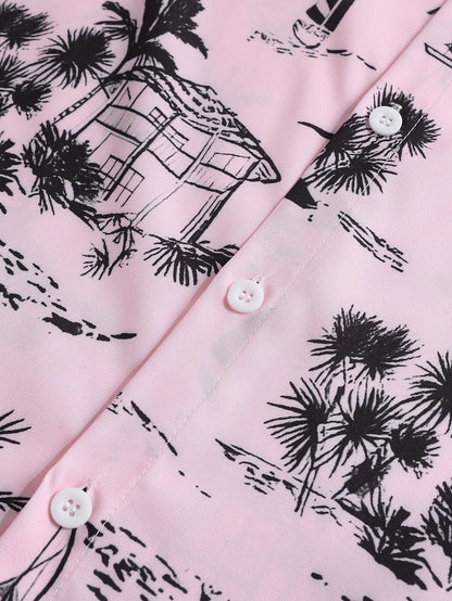 Palm Tree Sailboat Print Button-Up Shirt with Matching Swim Shorts