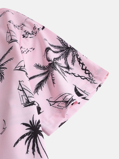 Palm Tree Sailboat Print Button-Up Shirt with Matching Swim Shorts