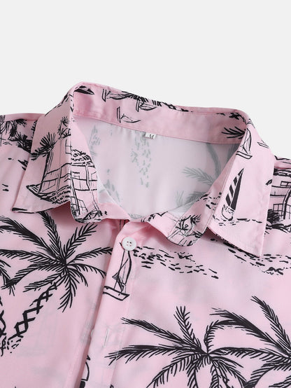 Palm Tree Sailboat Print Button-Up Shirt with Matching Swim Shorts