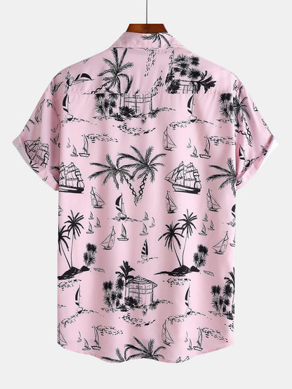 Palm Tree Sailboat Print Button-Up Shirt with Matching Swim Shorts