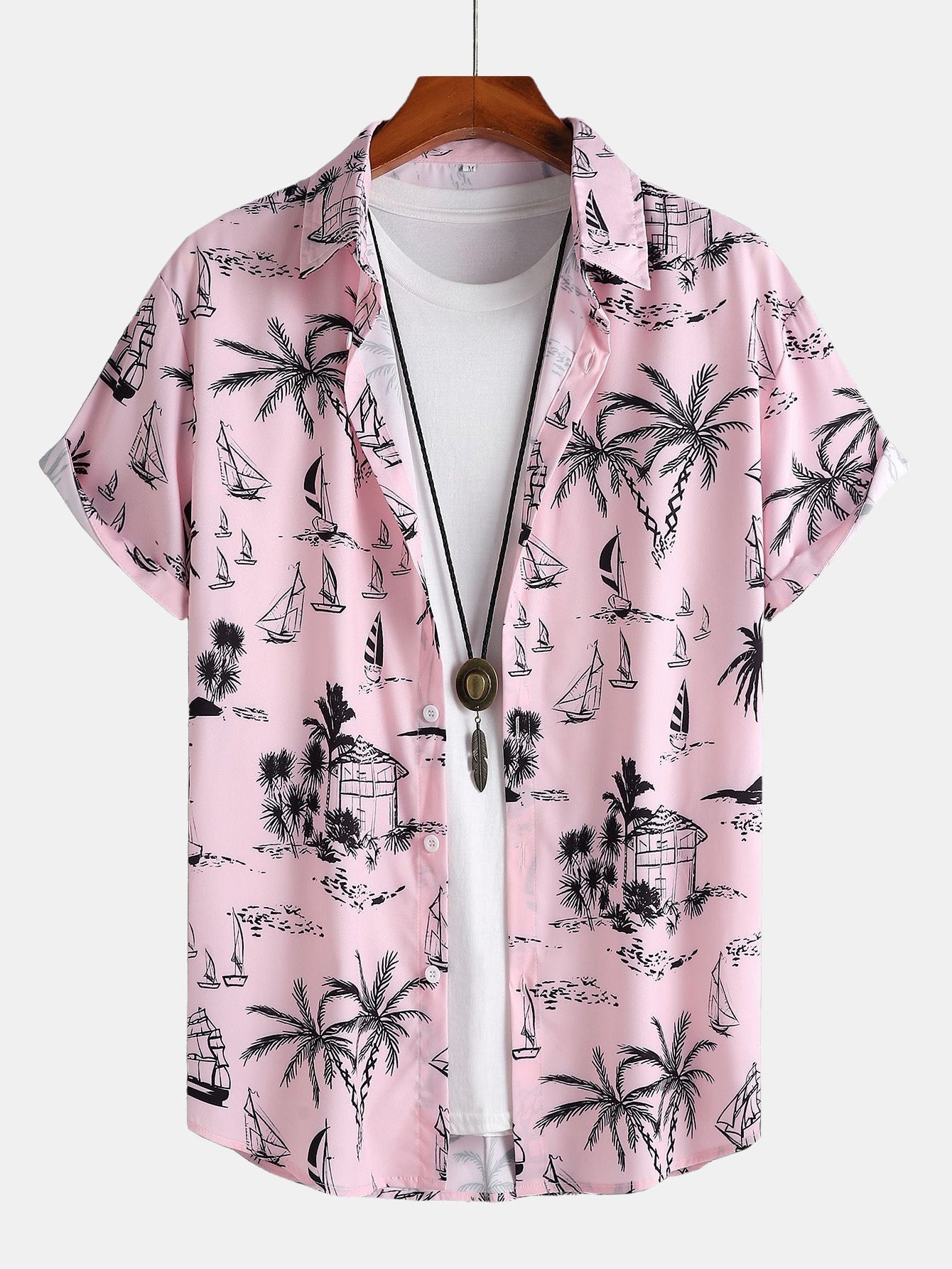 Palm Tree Sailboat Print Button-Up Shirt with Matching Swim Shorts