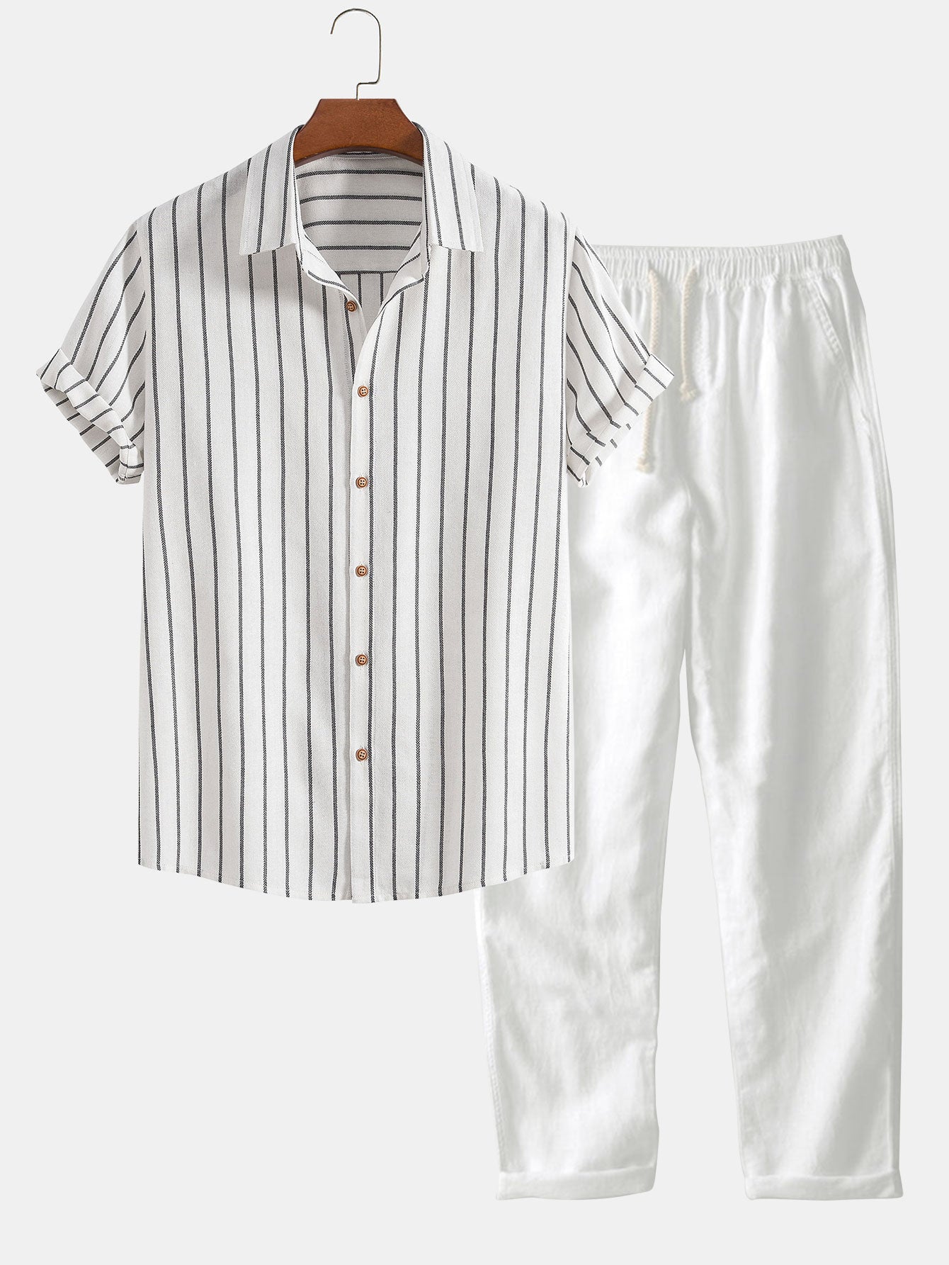 Striped Cotton Blend Button-Up Shirt with Straight-Leg Linen Trousers