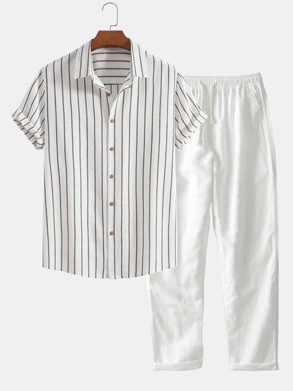 Striped Cotton Blend Button-Up Shirt with Straight-Leg Linen Trousers