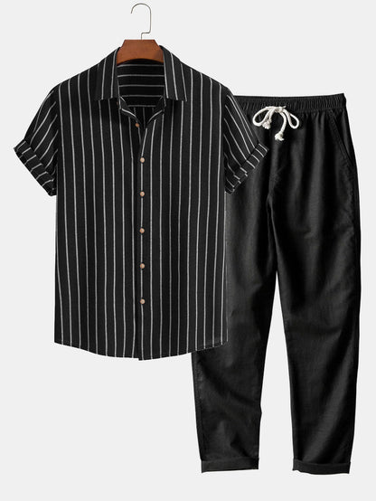 Striped Cotton Blend Button-Up Shirt with Straight-Leg Linen Trousers