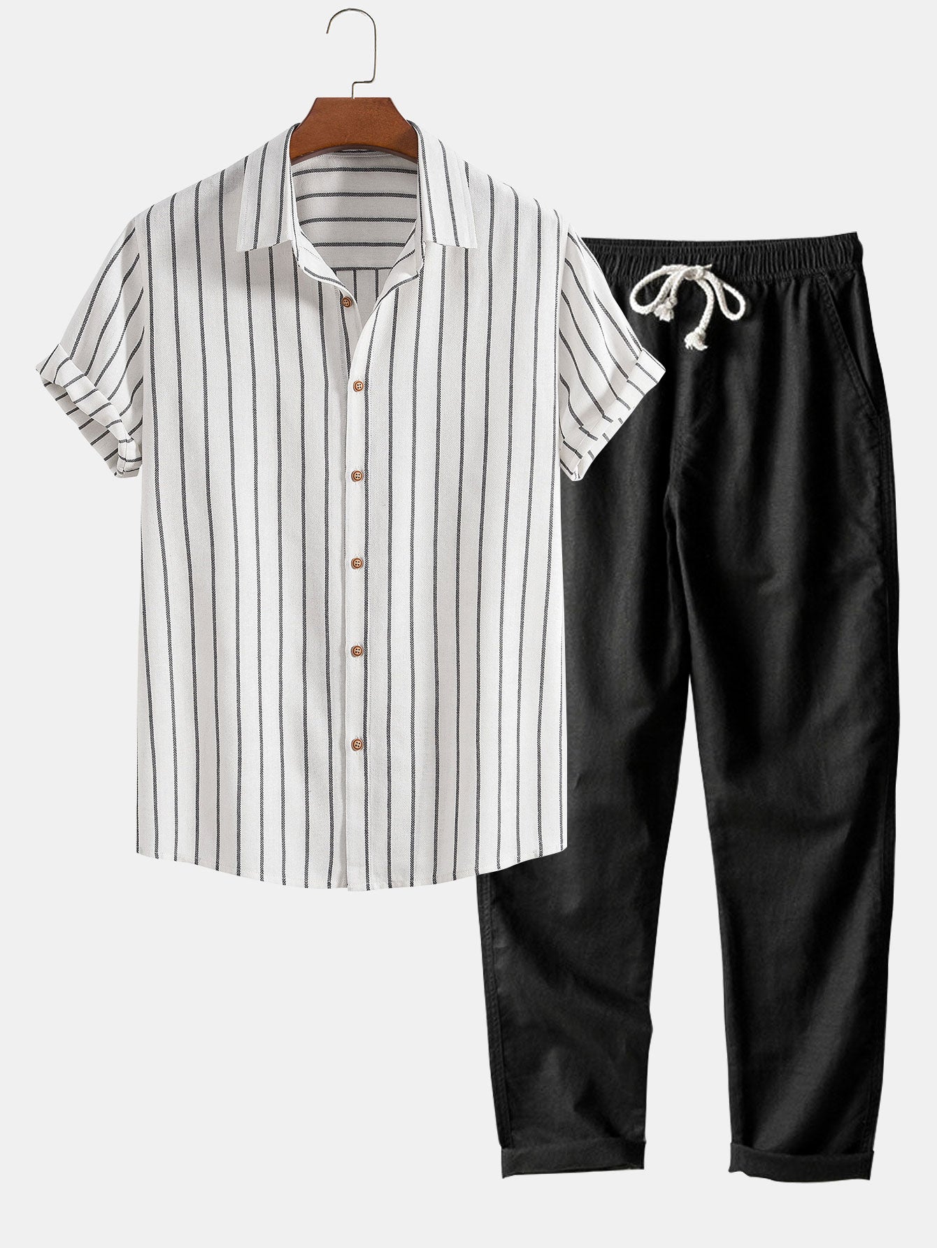 Striped Cotton Blend Button-Up Shirt with Straight-Leg Linen Trousers