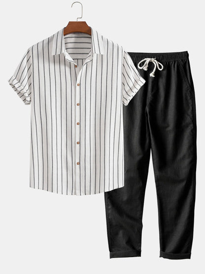 Striped Cotton Blend Button-Up Shirt with Straight-Leg Linen Trousers