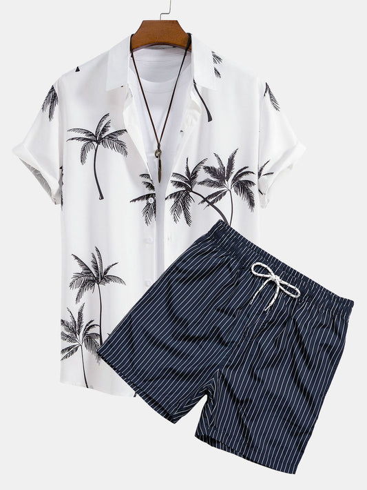Palm Tree Print Button-Up Shirt with Striped Swim Shorts