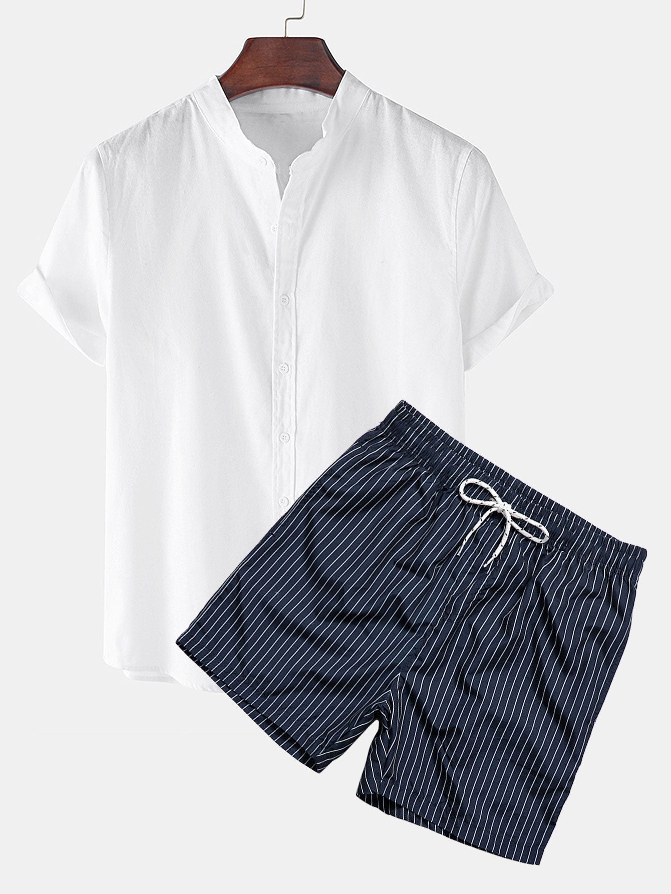 Short Sleeve Linen-Style Shirt & Striped Swim Shorts Set
