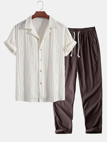 Geometric Jacquard Cuban Shirt with Straight-Leg Linen Trousers
