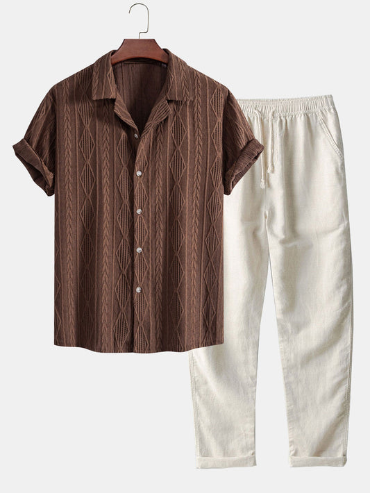 Geometric Jacquard Cuban Shirt with Straight-Leg Linen Trousers