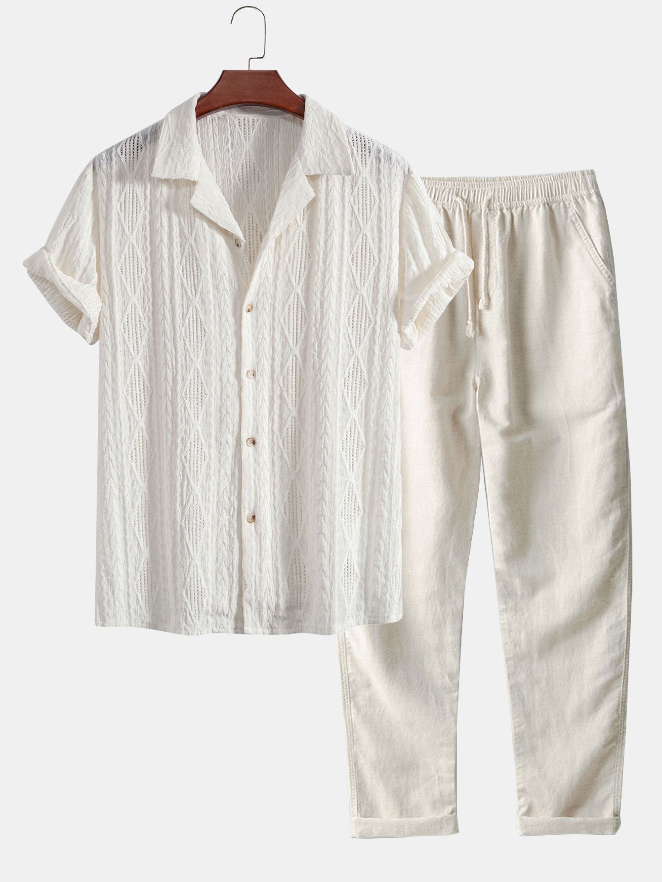 Geometric Jacquard Cuban Shirt with Straight-Leg Linen Trousers