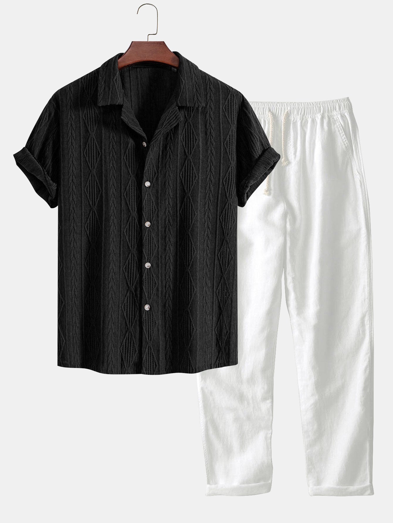 Geometric Jacquard Cuban Shirt with Straight-Leg Linen Trousers