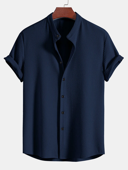 Ribbed Stand Collar Shirt with Muscle Fit
