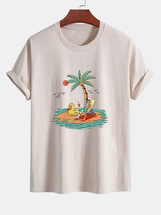 Regular Fit Cotton T-Shirt with Skeleton Vacation Print