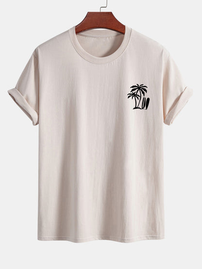 Classic Fit Cotton T-Shirt with Palm Tree Surfboard Design