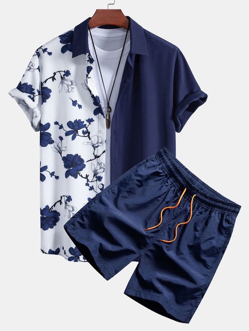 Floral Patchwork Button-Up Shirt with Matching Swim Shorts