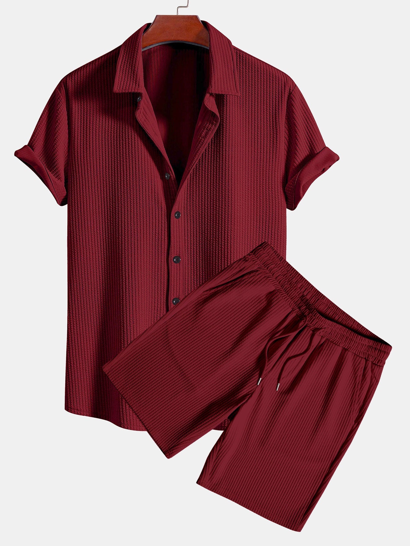 Ribbed Muscle Fit Button-Up Shirt and Shorts Set