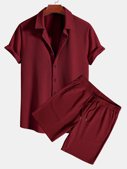 Ribbed Muscle Fit Button-Up Shirt and Shorts Set