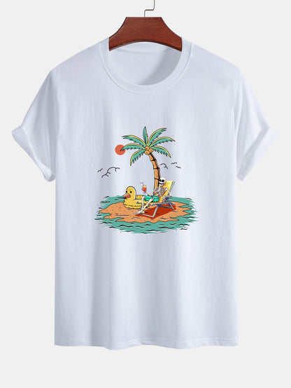 Regular Fit Cotton T-Shirt with Skeleton Vacation Print
