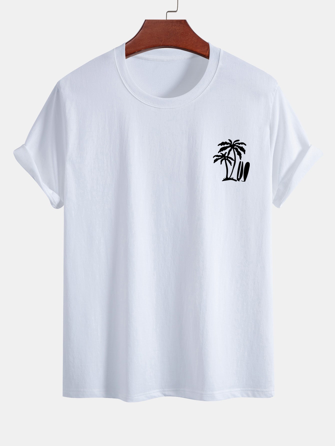 Classic Fit Cotton T-Shirt with Palm Tree Surfboard Design