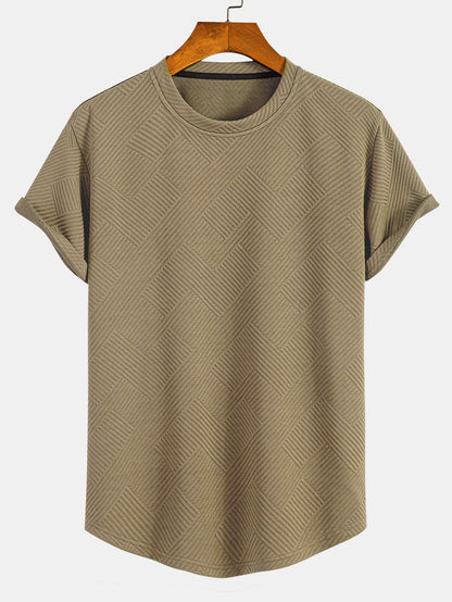 Striped Short Sleeve Jacquard T-Shirt with Arc Hem