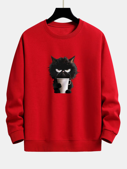 Relaxed Fit Sweatshirt Featuring Black Cat Enjoying Coffee Print