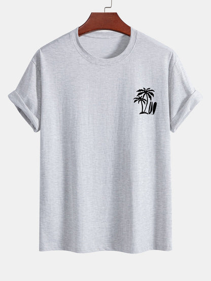 Classic Fit Cotton T-Shirt with Palm Tree Surfboard Design