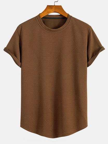 Striped Jacquard Short Sleeve T-Shirt with Arc Hem