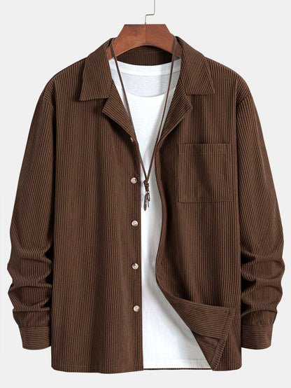 Corduroy Cuban Collar Shirt with Long Sleeves